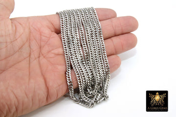 5 mm Silver Flat Curb 304 Steel Chains, Flat Weave Chains, By The Yard, By The Foot